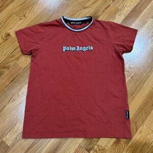 Palm Angels Womens T-Shirt Medium Burnt Red Gothic Fuzzy Logo Designer Tee